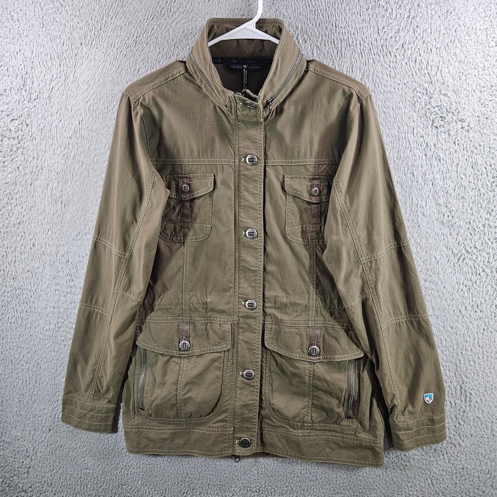 Kuhl Mens Olive Green Cotton Blend Utility Field Jacket Stowaway Hood Small